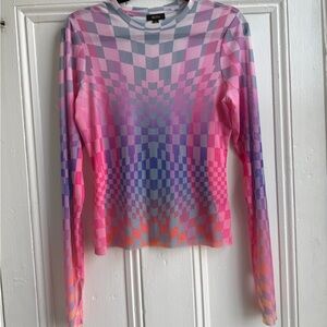 AFRM Pink Mesh Checkered Long Sleeve Top
